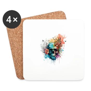 Totenkopf Totenschädel Skelett Blumen Rosen Splash - Untersetzer (4er-Set) - Weiß - Vorne