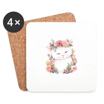 Katze Blumen Aquarell Zeichnung Kunst Bunt Floral - Untersetzer (4er-Set) - Weiß - Vorne