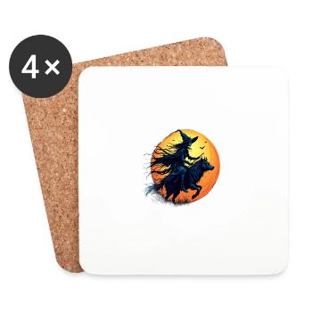 Halloween Witch Riding a Wolf Under Full Moon - Coasters (set of 4) - white - Front