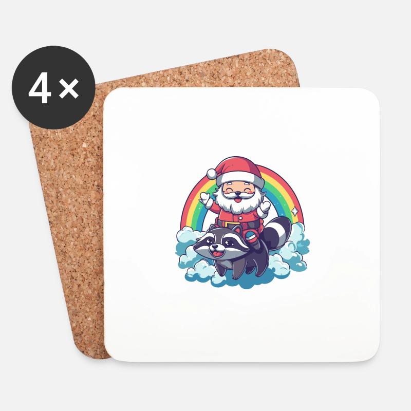 Waschbär Weihnachtsmann Regenbogen - Untersetzer (4er-Set) - Weiß