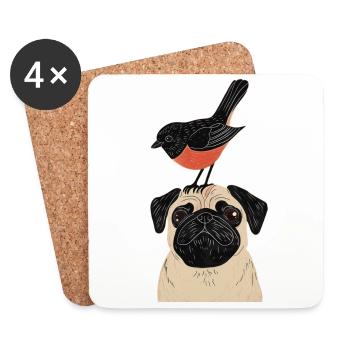 Mops mit Vogel - Untersetzer (4er-Set) - Weiß - Vorne