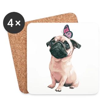Mops mit Schmetterling - Untersetzer (4er-Set) - Weiß - Vorne