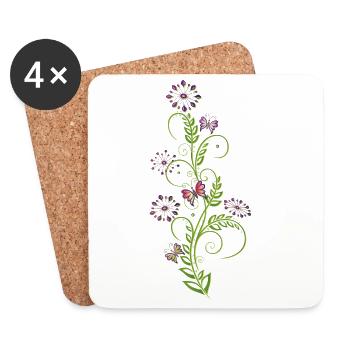 Ranke mit Blumen, Blättern und Schmetterlingen - Untersetzer (4er-Set) - Weiß - Vorne