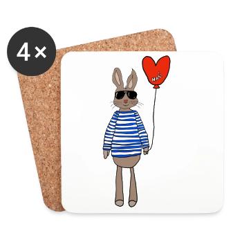 Hase im Streifenpulli mit Herzballon - Untersetzer (4er-Set) - Weiß - Vorne
