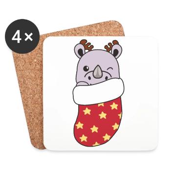 Rhinocéros mignons dans un bas de Noël pour Noël - Dessous de verre (lot de 4) - blanc - Devant