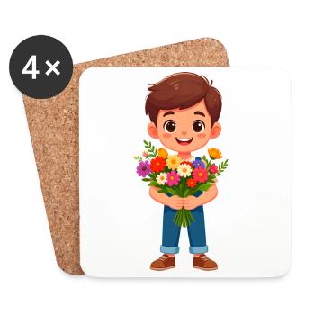 Cartoon Boy with Colorful Bouquet of Flowers – Gift - Coasters (set of 4) - white - Front