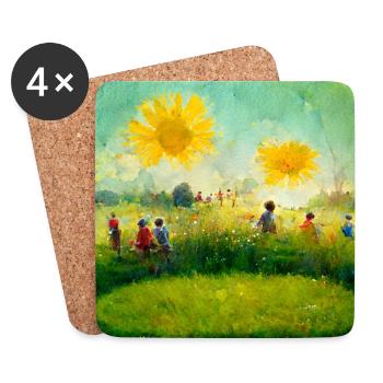 Fröhliche Kinder Spielen auf der Wiese gemalt - Untersetzer (4er-Set) - Weiß - Vorne