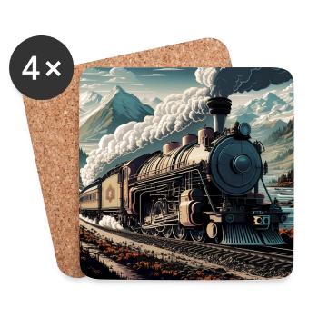 Large heavy steam locomotive pulling a railway train - Coasters (set of 4) - white - Front