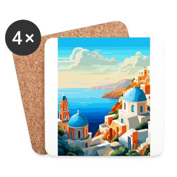 Santorin Grèce Affiche de voyage vintage souvenir - Dessous de verre (lot de 4) - blanc - Devant