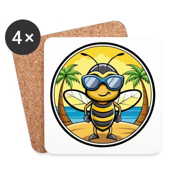 Abeille Drôle Dessin Animé Plage D’été Lunettes De Soleil Autocollant - Dessous de verre (lot de 4) - blanc - Devant