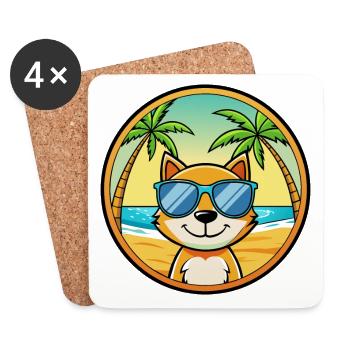 Chat Drôle Dessin Animé Plage De Soleil De Plage Autocollant - Dessous de verre (lot de 4) - blanc - Devant