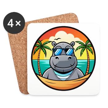 Hippopotame Drôle Dessin Animé Plage D’été Lunettes De Soleil Cool - Dessous de verre (lot de 4) - blanc - Devant