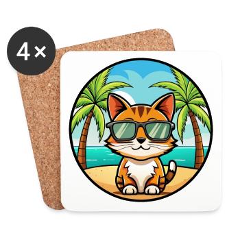 Somali Shorthair Cat Breed Cartoon Sunglass Beach - Dessous de verre (lot de 4) - blanc - Devant