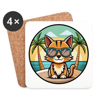 Somali Shorthair Cat Breed Cartoon Sunglass Beach - Dessous de verre (lot de 4) - blanc - Devant