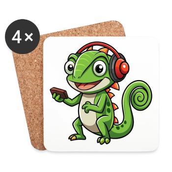 Chameleon Funny Cartoon Character Headphone Music - Coasters (set of 4) - white - Front