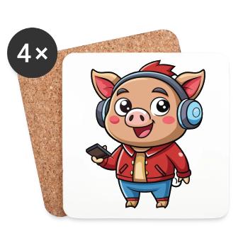 Schwein Lustige Zeichentrickfigur Kopfhörer Musik - Untersetzer (4er-Set) - Weiß - Vorne