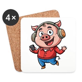 Schwein Lustige Zeichentrickfigur Kopfhörer Musik - Untersetzer (4er-Set) - Weiß - Vorne
