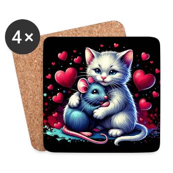 Katze und Maus in Freundschaft Frieden und Liebe - Untersetzer (4er-Set) - Weiß - Vorne