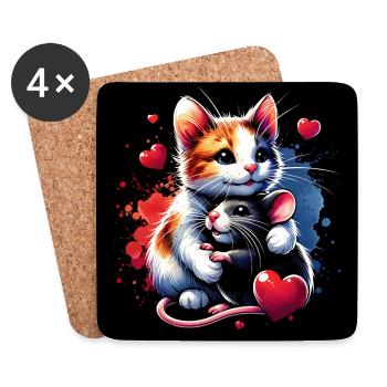Katze und Maus in Freundschaft Frieden und Liebe - Untersetzer (4er-Set) - Weiß - Vorne