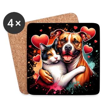 Staffordshire Terrier et chat Love Friendship - Dessous de verre (lot de 4) - blanc - Devant