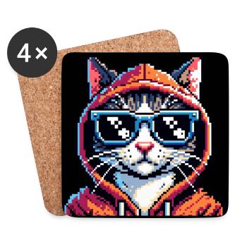 Coole Katze in Pixelgrafik Pixelart - Untersetzer (4er-Set) - Weiß - Vorne