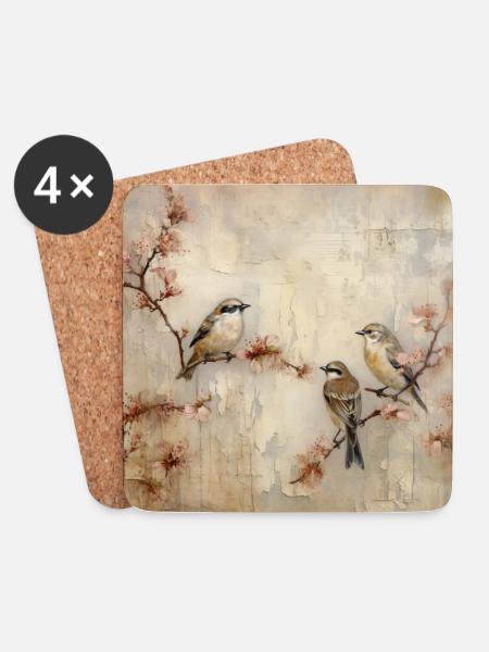 Vintage Vögel - Untersetzer (4er-Set) - Weiß