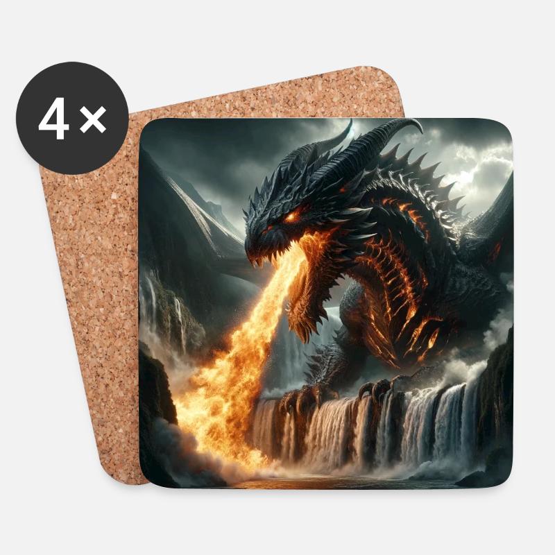 Feuerspeiender Drache im Wasserfall - Untersetzer (4er-Set) - Weiß