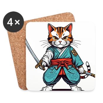 Samurai-Katze - Untersetzer (4er-Set) - Weiß - Vorne