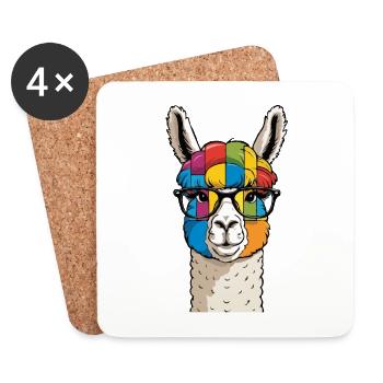 Lama alpaga coloré cool avec des lunettes - Dessous de verre (lot de 4) - blanc - Devant