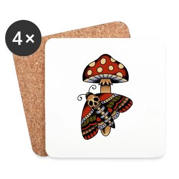 Old school tattoo design mushroom and moth - Coasters (set of 4) - white - Front