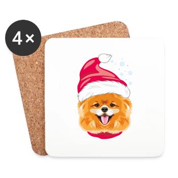Chien de Poméranie heureux au chapeau du Père Noël - Dessous de verre (lot de 4) - blanc - Devant