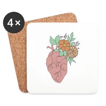 anatomisches Herz mit Blumen, Outline weiß - Untersetzer (4er-Set) - Weiß - Vorne