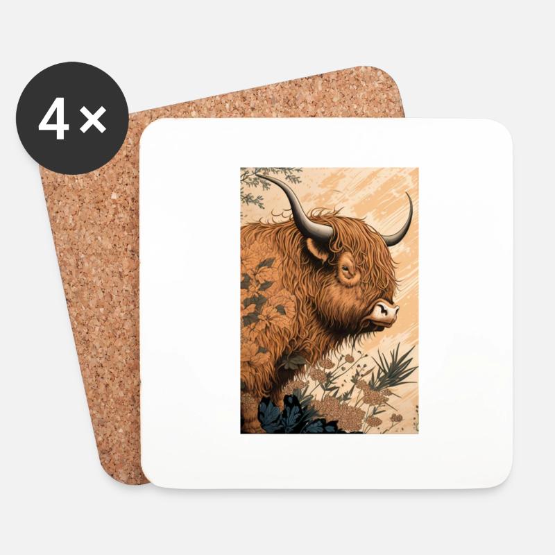Highland Cattle Ukiyo - Untersetzer (4er-Set) - Weiß