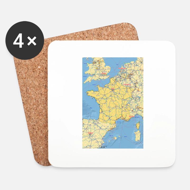 Frankreich Karte mit Städten Straßen Flüssen Seen - Untersetzer (4er-Set) - Weiß