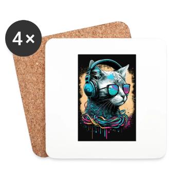 Katze Kopfhörer Sonnenbrille retro Headphones Pop - Untersetzer (4er-Set) - Weiß - Vorne