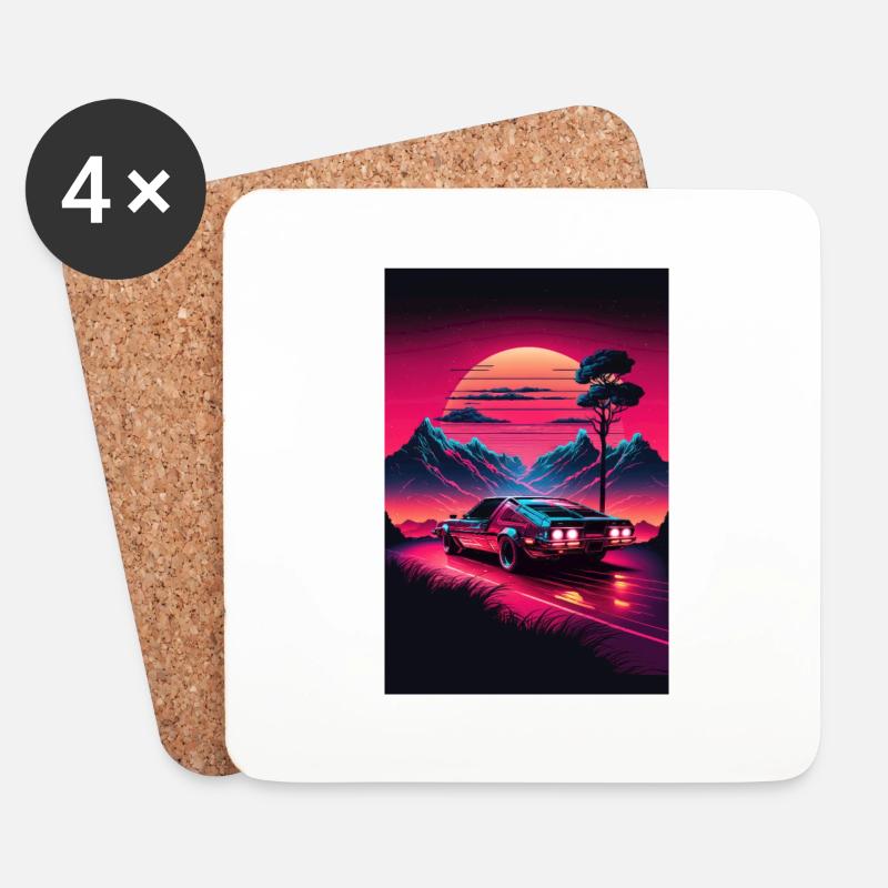 Synthwave Landshaft Rennauto Retro Sonne Palmen - Untersetzer (4er-Set) - Weiß