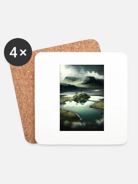 Surrelistische Landschaft Berge Fluss Teich Wiesen - Untersetzer (4er-Set) - Weiß