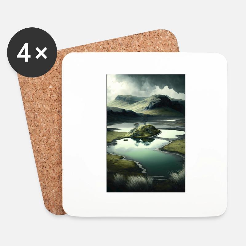 Surrelistische Landschaft Berge Fluss Teich Wiesen - Untersetzer (4er-Set) - Weiß