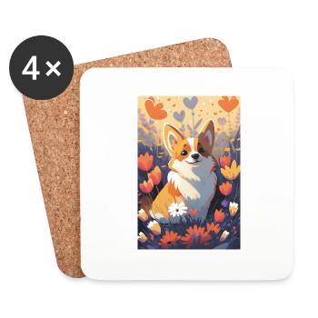 Happy Corgi in colored flowers - Coasters (set of 4) - white - Front