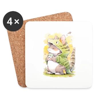 Dino Kitty: Adorable Drawing of a Cute Anime Cat - Coasters (set of 4) - white - Front