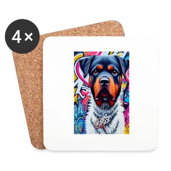 Chien rottweiler en manteau de fourrure devant les graffitis |Pop Art - Dessous de verre (lot de 4) - blanc - Devant