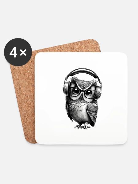 Owl with Glasses and Headphones - Coasters (set of 4) - white
