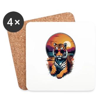 tigre avec lunette soleil et coucher de soleil - Dessous de verre (lot de 4) - blanc - Devant