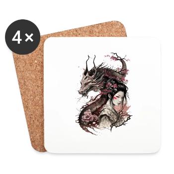 Geisha Dragon Japonais Cerisier Fleur Japon Fantaisie - Dessous de verre (lot de 4) - blanc - Devant