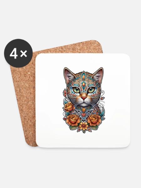 Katze Mexiko - Dia de los Muertos - Untersetzer (4er-Set) - Weiß