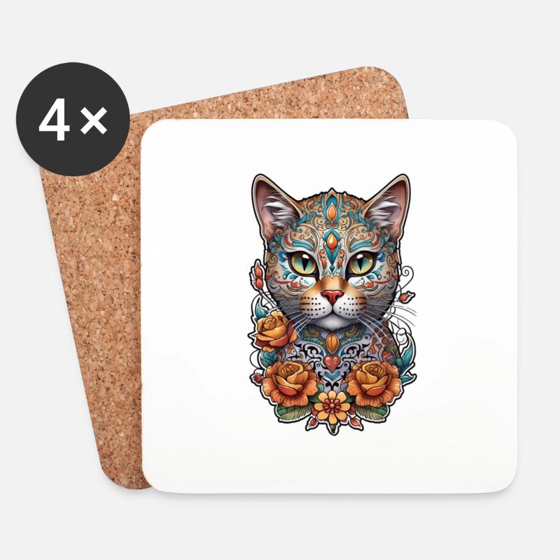Katze Mexiko - Dia de los Muertos - Untersetzer (4er-Set) - Weiß