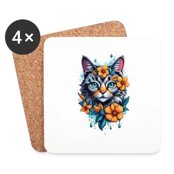 chat et fleur aquarelle - Dessous de verre (lot de 4) - blanc - Devant