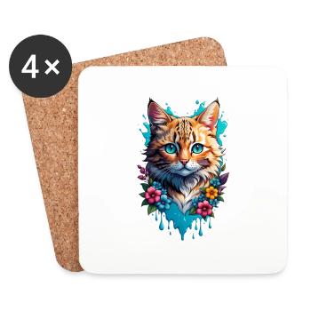 chat et fleur aquarelle - Dessous de verre (lot de 4) - blanc - Devant