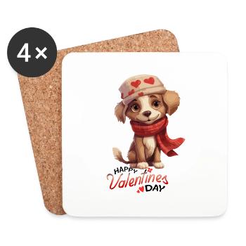 Chien mignon avec chapeau de coeurs et salutation de la Saint-Valentin - Dessous de verre (lot de 4) - blanc - Devant