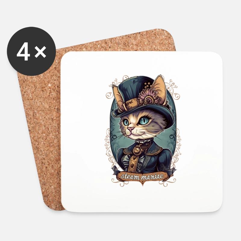 Viktorianische Steampunk Katze - Untersetzer (4er-Set) - Weiß
